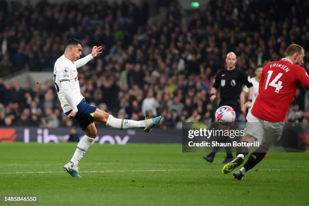 Pedro Porro of Tottenham Hotspur scores the team's first goal during the Premier League match between Tottenham Hotspur and Manchester United at...