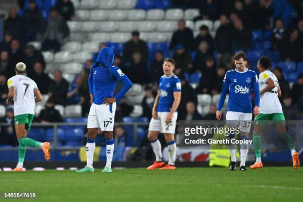 Alex Iwobi of Everton looks dejected during the Premier League match between Everton FC and Newcastle United at Goodison Park on April 27, 2023 in...