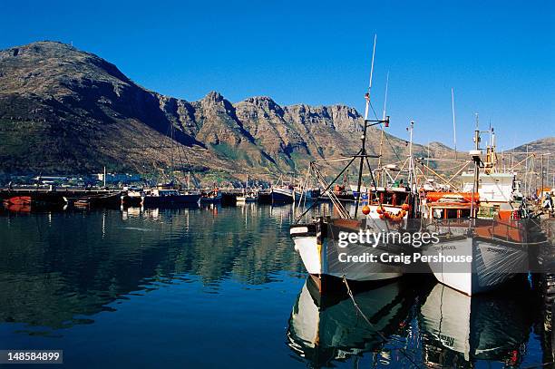 fishing boats in hout bay harbour. - cape town harbour stockfoto's en -beelden