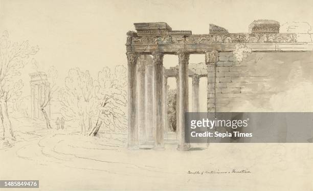 The temple of Antoninus and Faustina in Rome, draughtsman: Hugh William Williams, 1816 - 1820, paper, pen, brush, h 276 mm × w 455 mm.