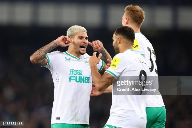Bruno Guimaraes of Newcastle United celebrates after teammate Callum Wilson scores the team's third goal during the Premier League match between...
