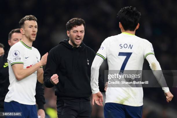 Ryan Mason, Interim Manager of Tottenham Hotspur, celebrates after Son Heung-Min scores the team's second goal during the Premier League match...
