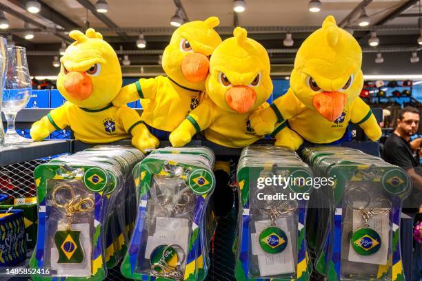 Rio de Janeiro, Brazil, Canarinho is the mascot of the Brazilian National Soccer Team. Original or genuine merchandise for sale inside the shop.