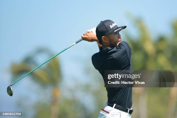 Satoshi Kodaira of Japan plays a shot on the 17th hole during the first round of the Mexico Open at Vidanta on April 27, 2023 in Puerto Vallarta,...