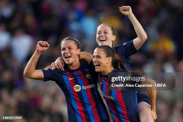 Ana-Maria Crnogorcevic, Codina Panedas and Keira Walsh of FC Barcelona celebrate after the UEFA Women's Champions League semifinal 2nd leg match...