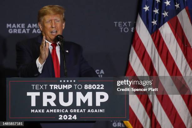 Former President Donald Trump speaks at a campaign rally on April 27, 2023 in Manchester, New Hampshire. Trump, who is currently dealing with a...