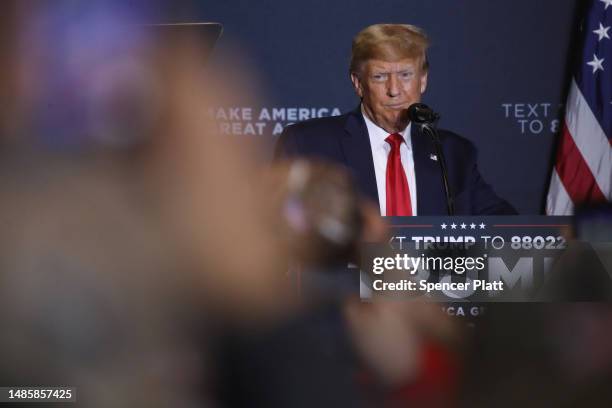 Former President Donald Trump speaks at a campaign rally on April 27, 2023 in Manchester, New Hampshire. Trump, who is currently dealing with a...