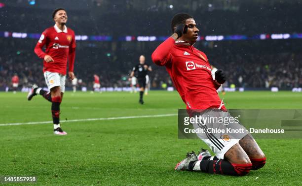 Marcus Rashford of Manchester United celebrates scoring their teams second goal during the Premier League match between Tottenham Hotspur and...