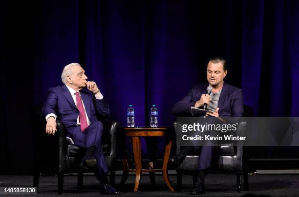 Martin Scorsese and Leonardo DiCaprio speak during "A Conversation with Martin Scorsese" and Legend of Cinema Award Presentation during CinemaCon,...