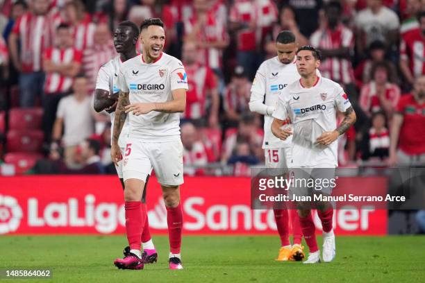 Lucas Ocampos of Sevilla FC celebrates after scoring the team's first goal during the LaLiga Santander match between Athletic Club and Sevilla FC at...
