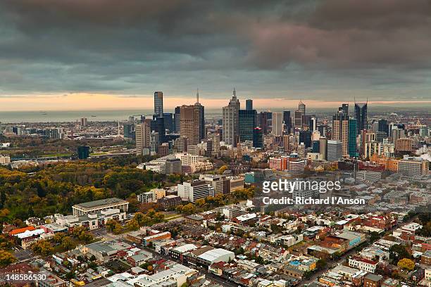 aerial of inner suburbs and city skyline. - melbourne aerial view stockfoto's en -beelden