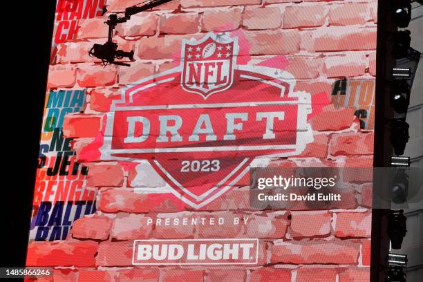 Detailed view of the Draft logo is seen prior to the first round of the 2023 NFL Draft at Union Station on April 27, 2023 in Kansas City, Missouri.