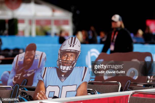 Cardboard cutout of Derrick Brown of the Carolina Panthers is seen prior to the first round of the 2023 NFL Draft at Union Station on April 27, 2023...