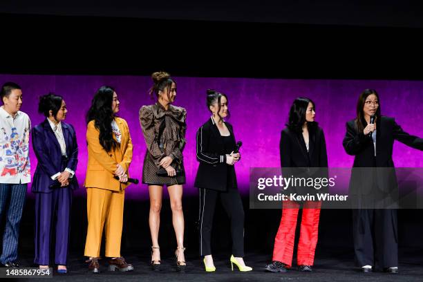 Sabrina Wu, Stephanie Hsu, Sherry Cola, Ashley Park, Teresa Hsiao, Cherry Chevapravatdumrong and Adele Lim speak onstage as they promote the upcoming...