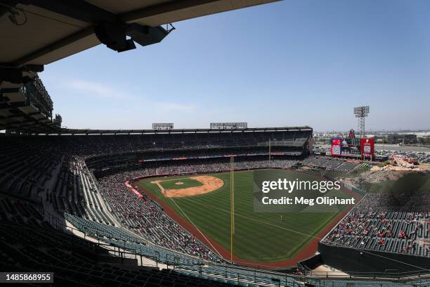 General view of Angel Stadium of Anaheim during the game between the Los Angeles Angels and the Oakland Athletics on April 27, 2023 in Anaheim,...