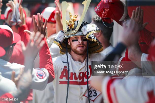 Brandon Drury of the Los Angeles Angels celebrates after hitting a three-run home run in the third inning against the Oakland Athletics at Angel...