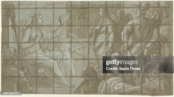 Design for a fresco, Empress Faustina converted by St. Catherine in her dungeon, draughtsman: Federico Zuccaro, 1570 - 1574, paper, pen, brush, h 260...