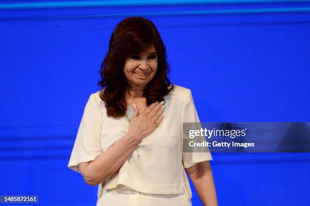 Vice President of Argentina Cristina Fernandez reacts to supporters as she arrives for a masterclass as part of the inauguration of the Justicialist...