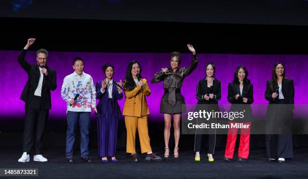 Seth Rogen, Sabrina Wu, Stephanie Hsu, Sherry Cola, Ashley Park, Teresa Hsiao, Cherry Chevapravatdumrong and Adele Lim speak onstage as they promote...