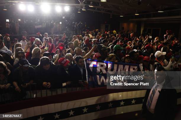 Supporters attend a rally with former President Donald Trump on April 27, 2023 in Manchester, New Hampshire. Trump, who is currently dealing with a...