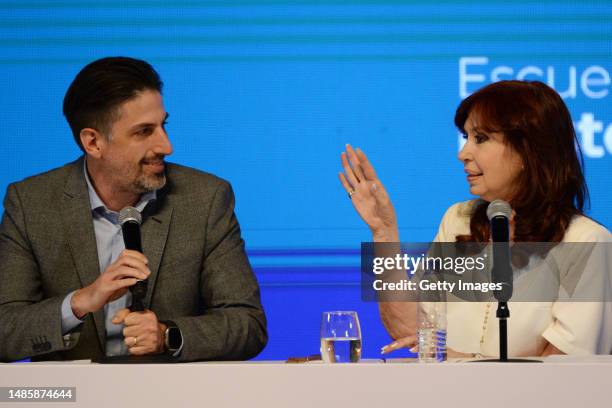 Vice President of Argentina Cristina Fernandez gestures with politician Nicolas Trotta during a masterclass as part of the inauguration of the...