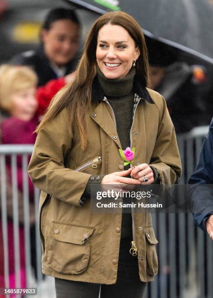 Catherine, Princess of Wales visits Dowlais Rugby Club during a 2 day visit to Wales on April 27, 2023 in Merthyr Tydfil, Wales. The Prince and...