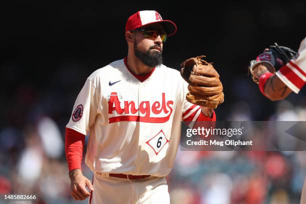 Anthony Rendon of the Los Angeles Angels reacts after getting the final out against the Oakland Athletics in the eighth inning at Angel Stadium of...