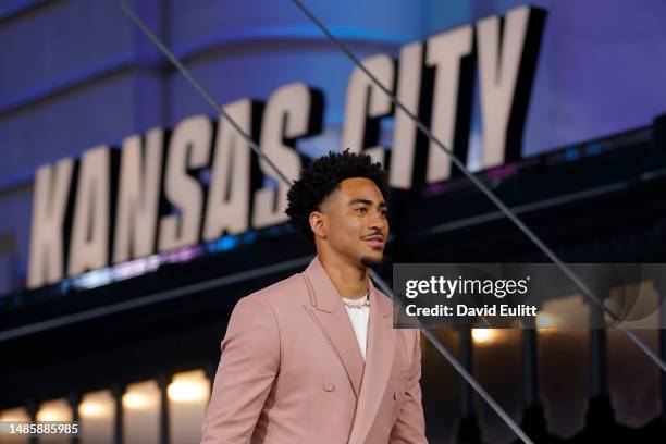 Top prospect Bryce Young is introduced during the first round of the 2023 NFL Draft at Union Station on April 27, 2023 in Kansas City, Missouri.