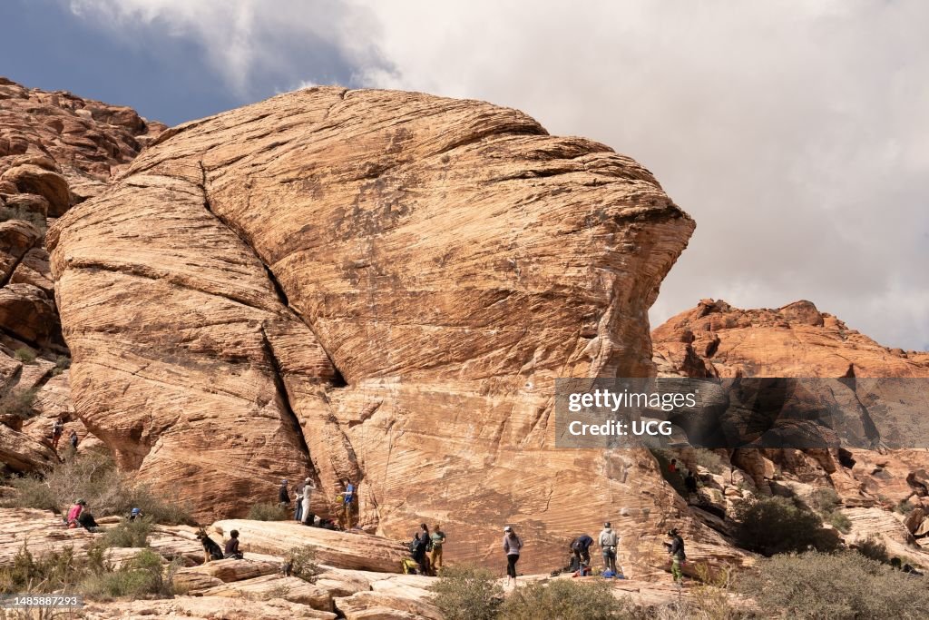Rock climbers on Cross-bedded Aztec Sandstone, Red Rock Canyon National Conservation Area, Nevada