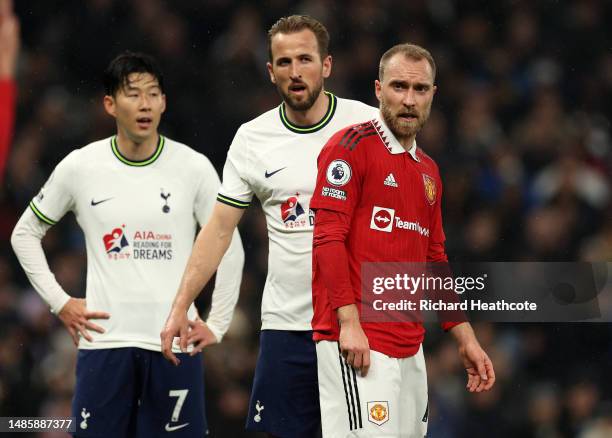 Christian Eriksen of Manchester United alongside Harry Kane and Son Heung-Min of Tottenham Hotspur during the Premier League match between Tottenham...