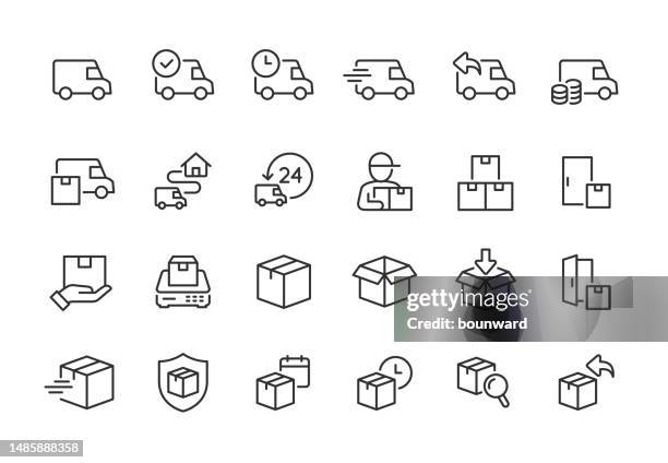 symbole für die lieferlinie. pixel perfekt. bearbeitbarer strich. - berühren stock-grafiken, -clipart, -cartoons und -symbole