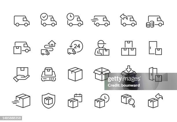 ilustraciones, imágenes clip art, dibujos animados e iconos de stock de iconos de línea de entrega. pixel perfecto. trazo editable. - puerta estructura
