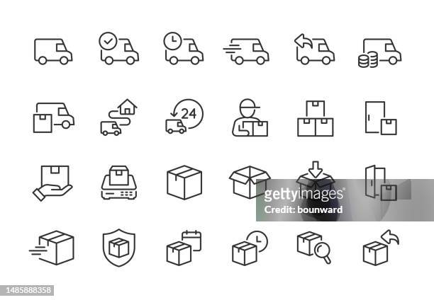 illustrations, cliparts, dessins animés et icônes de icônes de ligne de livraison. pixel parfait. trait modifiable. - camion de livraison