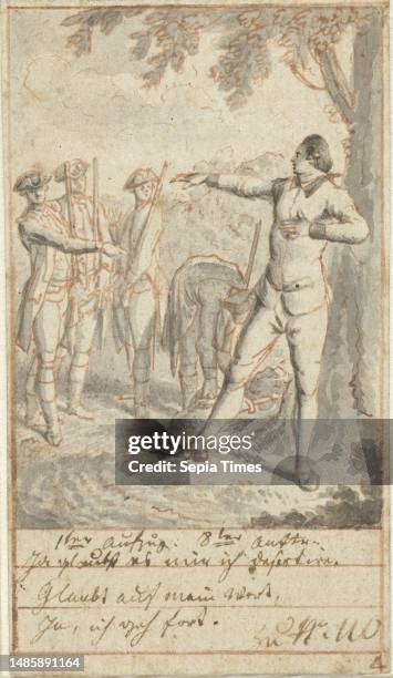 Design for a print, Alexis and Brigadier Courchemin with soldiers at lime tree Designs for illustrations for Le Deserteur by Jean-Michel Sedaine ,...