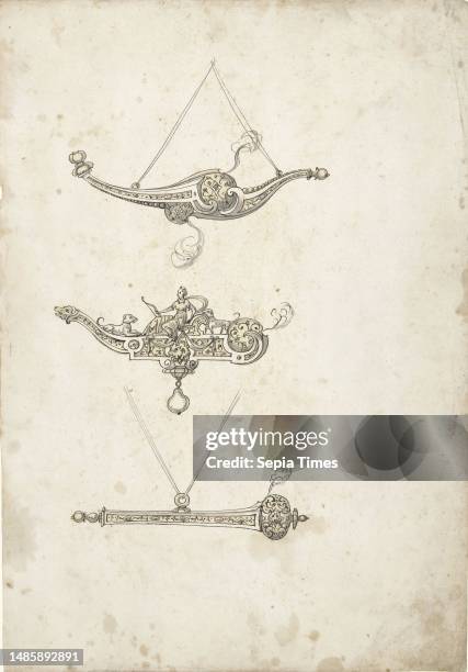 Designs, possible for a print, Three designs for pendants in the shape of pipes, draughtsman: Erasmus Hornick, , Jacopo da Strada, , draughtsman:...