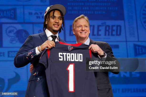 Stroud poses NFL Commissioner Roger Goodell after being selected second overall by the Houston Texans during the first round of the 2023 NFL Draft at...