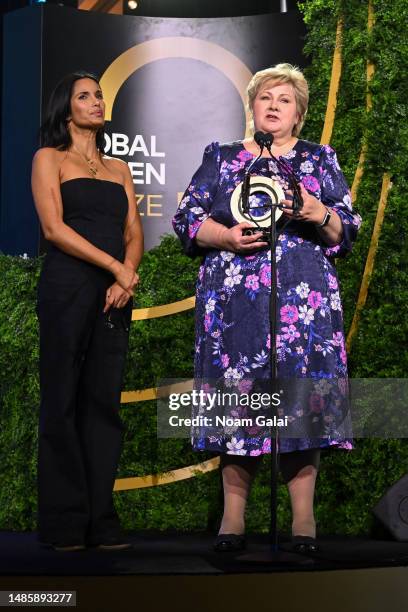 Padma Lakshmi and Erna Solberg speak at the Global Citizen Prize Event at The Glasshouse on April 27, 2023 in New York City.