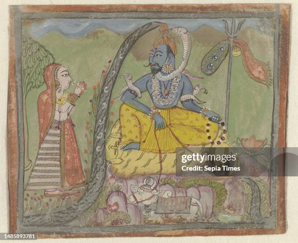 Shiva is sitting on a green field, left of him is Parvati. The bull lies in front of Shiva's pedestal. Around the representation two narrow edges in...