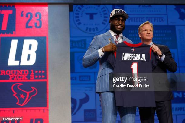 Will Anderson Jr. Poses with NFL Commissioner Roger Goodell after being selected third overall by the Houston Texans during the first round of the...