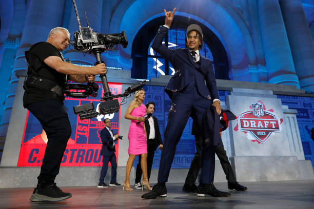Stroud celebrates after being selected second overall by the Houston Texans during the first round of the 2023 NFL Draft at Union Station on April...