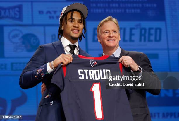 Stroud poses NFL Commissioner Roger Goodell after being selected second overall by the Houston Texans during the first round of the 2023 NFL Draft at...