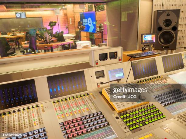 Radio broadcast studio in Broadcasting House, London, UK.