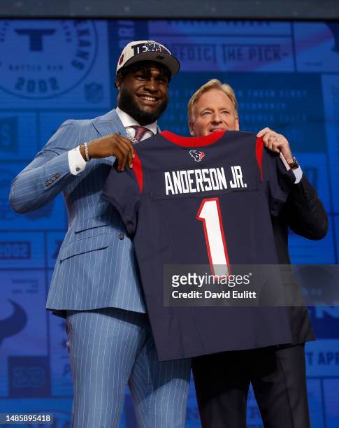Will Anderson Jr. Poses with NFL Commissioner Roger Goodell after being selected third overall by the Houston Texans during the first round of the...