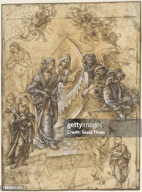 Study Sheet with the Madonna, holy women, angels and figures from the Adoration of the Magi, Study Sheet with the Virgin Mary, Saints, Angels and...