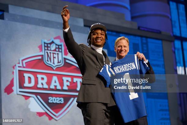 Anthony Richardson poses with NFL Commissioner Roger Goodell after being selected fourth overall by the Indianapolis Colts during the first round of...