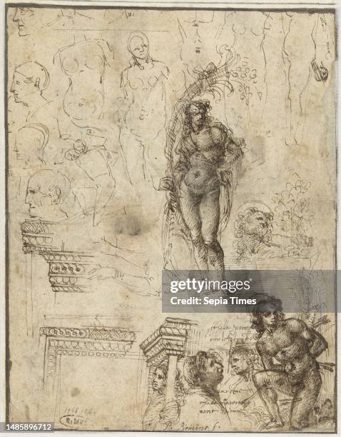 Study Sheet with many figures, including H. Sebastian and a young man with a horn of plenty, Study Sheet with Heads, Figures and Architectural...