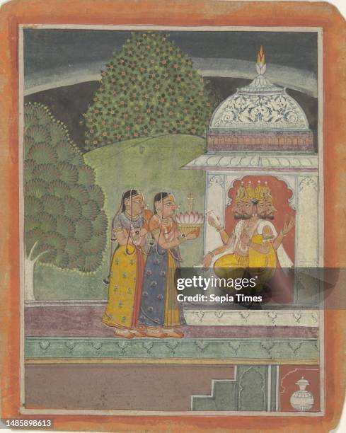 The God Brahma who sits in a white temple in holy four is worshipped with gifts by two women. Around the representation a narrow white border and a...