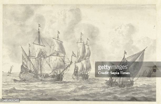 Two three-masters and several smaller fishing vessels on a calm sea off the Dutch coast, on which a tower rises in the distance. Design for the...