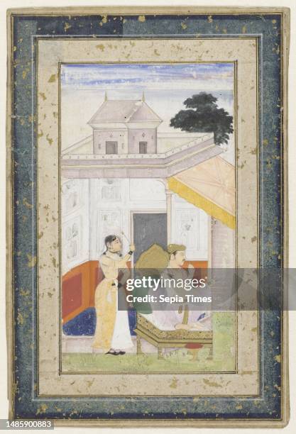 On a tabouret a prince in a white robe sits behind him a servant with an uplifted stick. The representation is framed by black lines with a piping of...