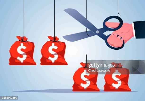 tax policies, tax plans, tax cuts, abatements, merchants with scissors to cut the money bags hanging from the ropes - lowering stock illustrations